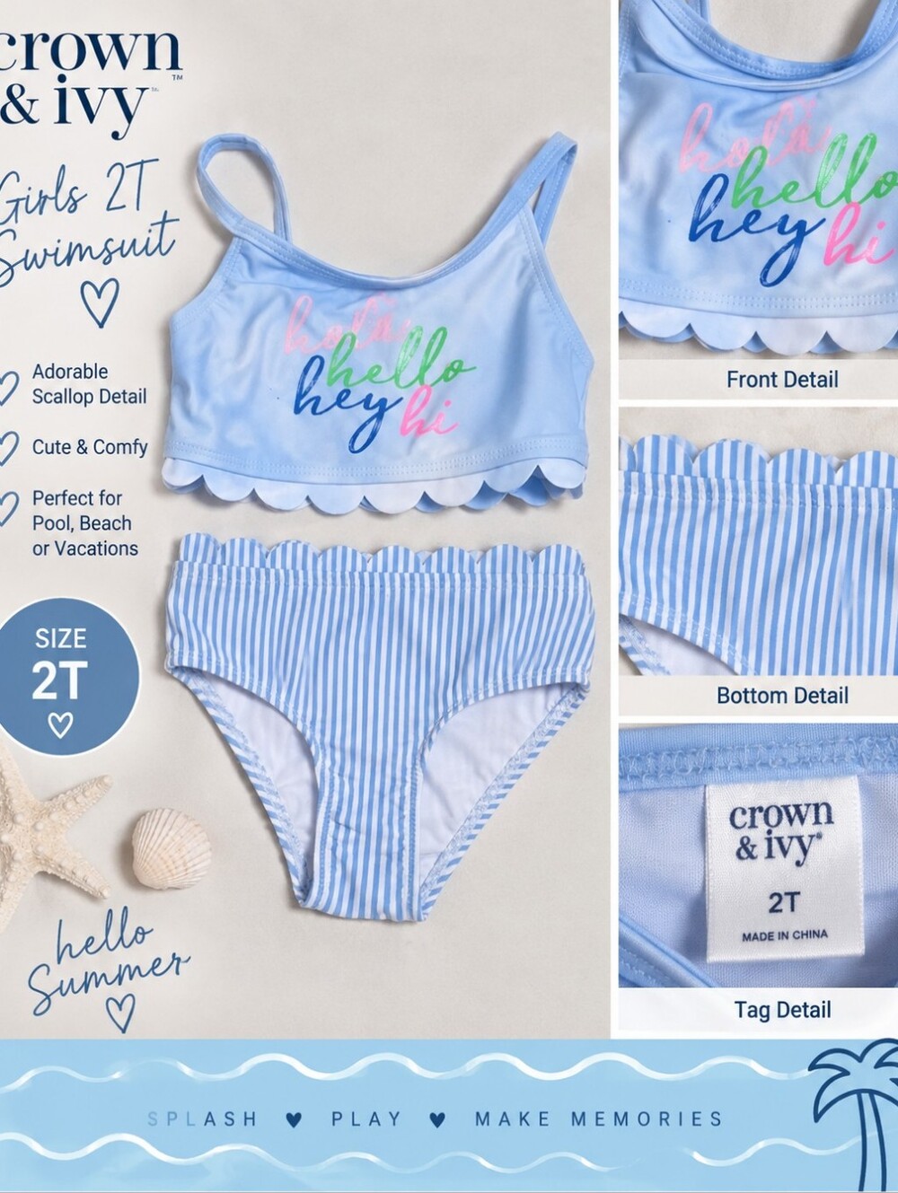 Crown & ivy girls 2T blue hello swimsuit bathing suit #29